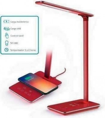 Lampara Escritorio LED, cargador Qi, USB, 4 modos, 10 niveles de brillo, tactil, Roja, 142 FLUXS