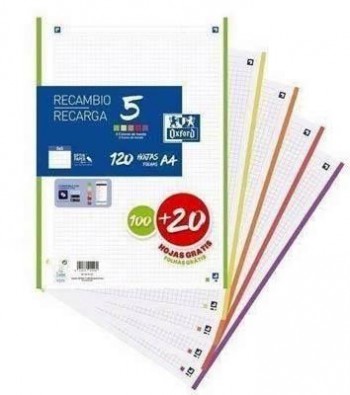 Recambio Oxford 400148310 A4 100+20H 90G 4Taladros cuadros 5X5 colores surtidos